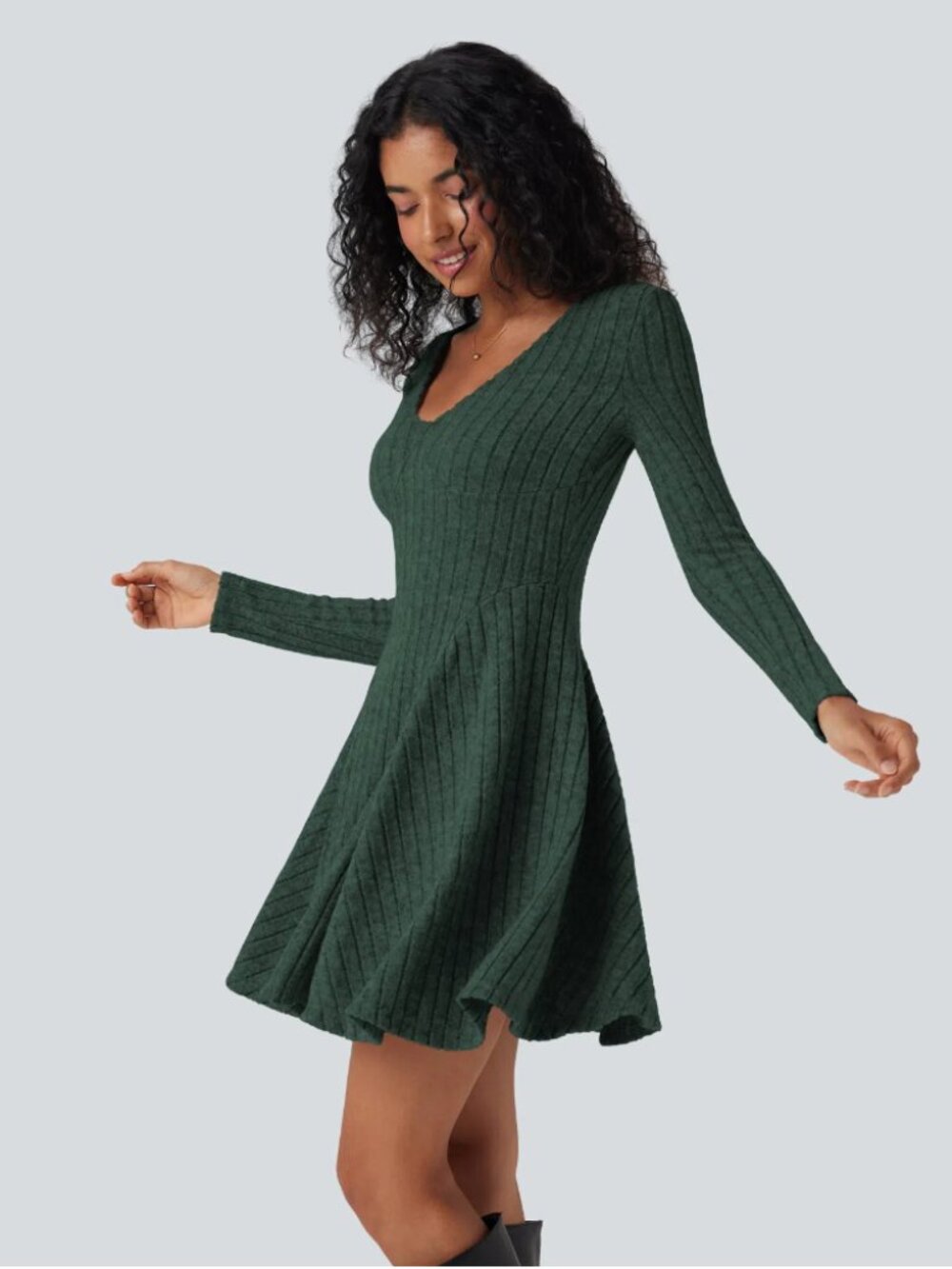 Ribbed Knit V Neck Long Sleeve Flare Mini Casual Dress